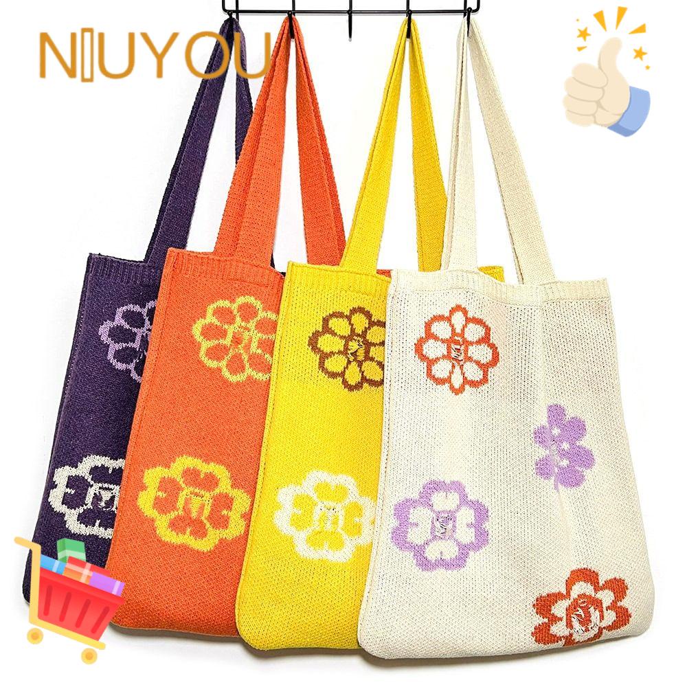 NIUYOU Túi Xách Đan Len Họa Tiết Hoa Xinh Xắn Thời Trang Cho Nữ