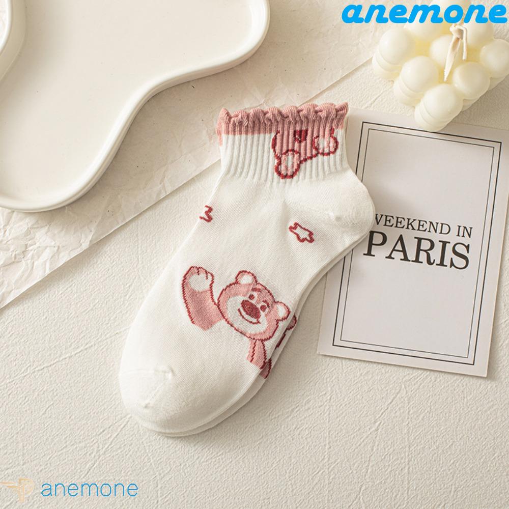 ANEMONE Vớ Cotton Mỏng Mềm Thấm Hút Mồ Hôi Thoáng Khí Họa Tiết Gấu Và Dâu Tây Đơn Giản