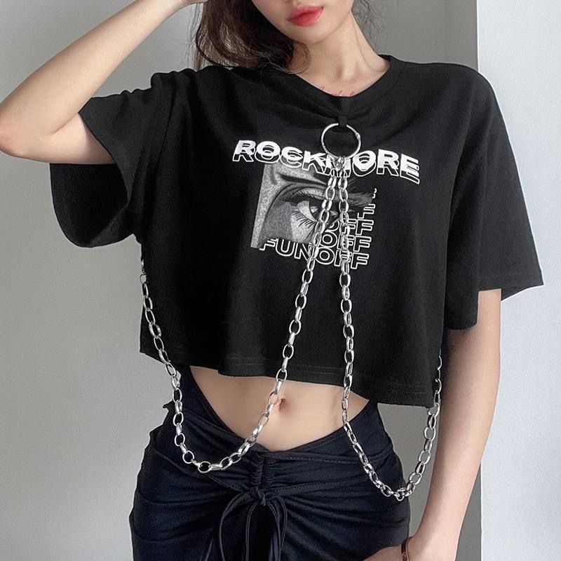 Áo Thun Tay Ngắn In Chữ Phối Dây Xích Kim Loại Thời Trang Mùa Hè Cá Tính