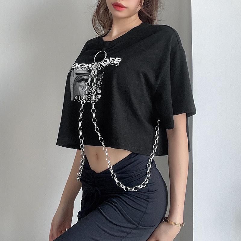 Áo Thun Tay Ngắn In Chữ Phối Dây Xích Kim Loại Thời Trang Mùa Hè Cá Tính