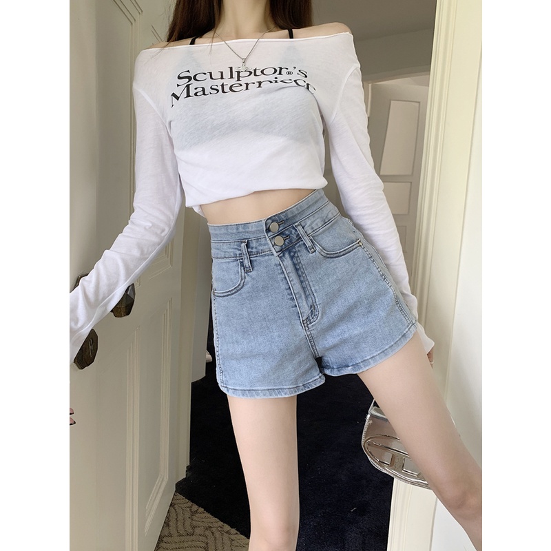 Quần Short Denim Lưng Cao In Họa Tiết Cá Tính Trẻ Trung