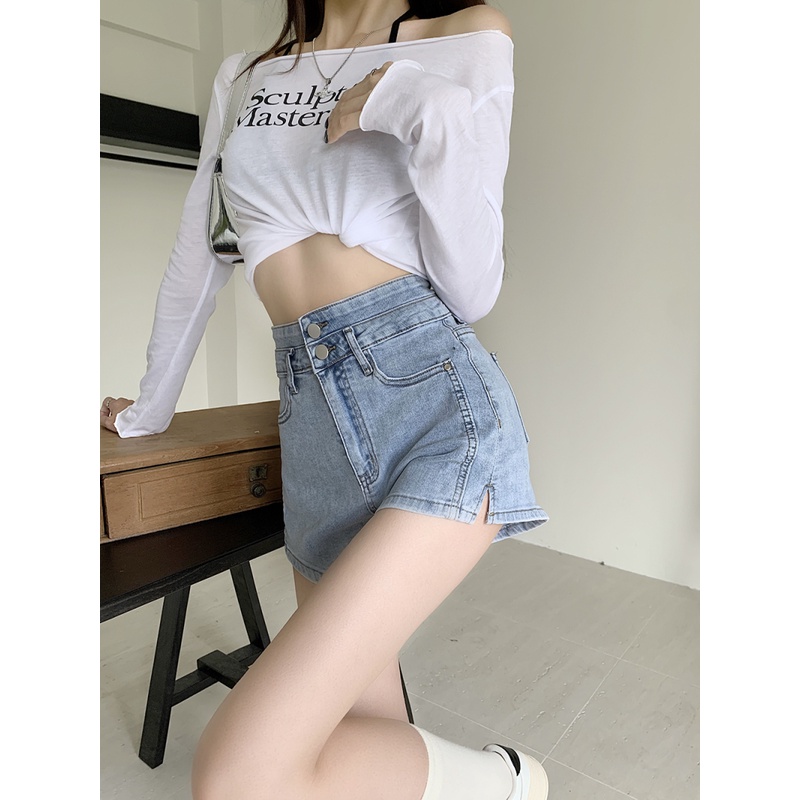 Quần Short Denim Lưng Cao In Họa Tiết Cá Tính Trẻ Trung