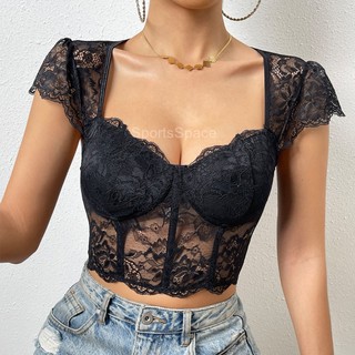 [sportsspace] - Mesh see-through navel lace street style outerwear short-sleeved top