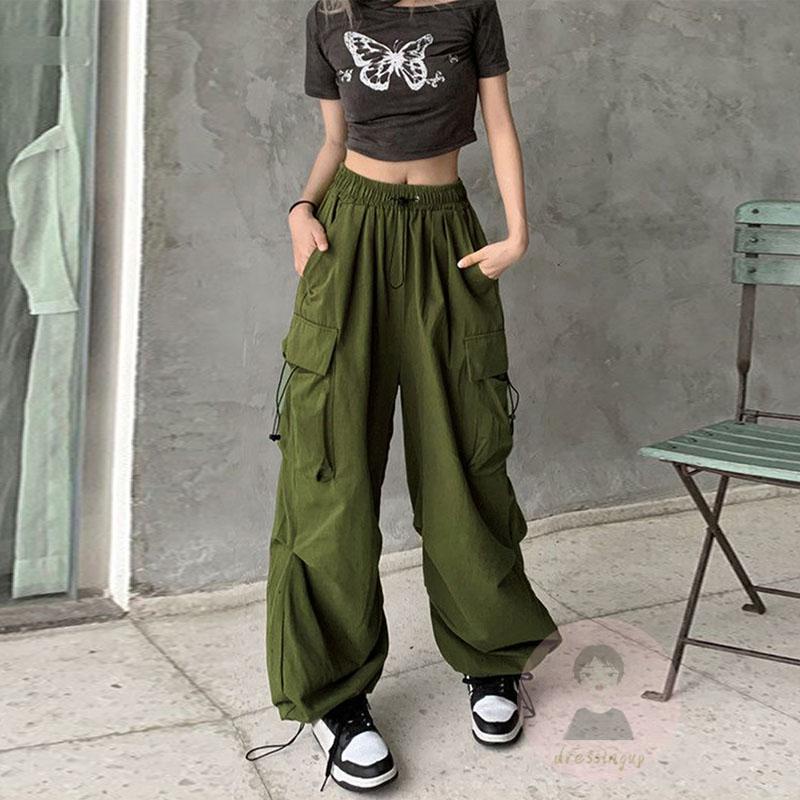 Quần ống rộng Lưng Thun Màu Trơn Phối Túi Cá Tính Cho Nữ