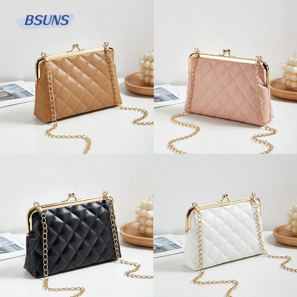 BSUNS Túi Xách Da PU Siêu Nhẹ Họa Tiết Kẻ Sọc Phối Dây Xích Thời Trang Cho Nữ