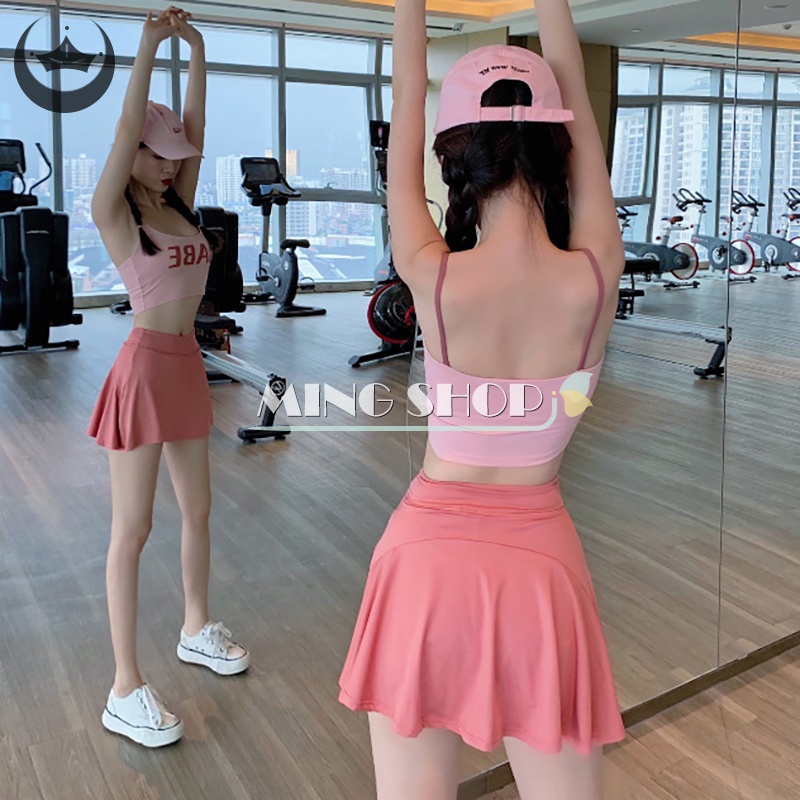 Set Áo Thun Ba Lỗ In Chữ + Chân Váy Ngắn Chống Trượt Phong Cách Hàn Quốc Thời Trang Cho Nữ