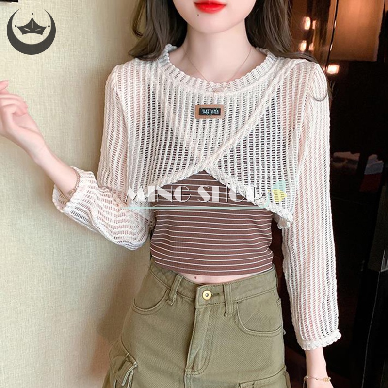 Áo Croptop Dệt Kim Tay Dài Cổ Tròn Thời Trang Mùa Hè Cho Nữ