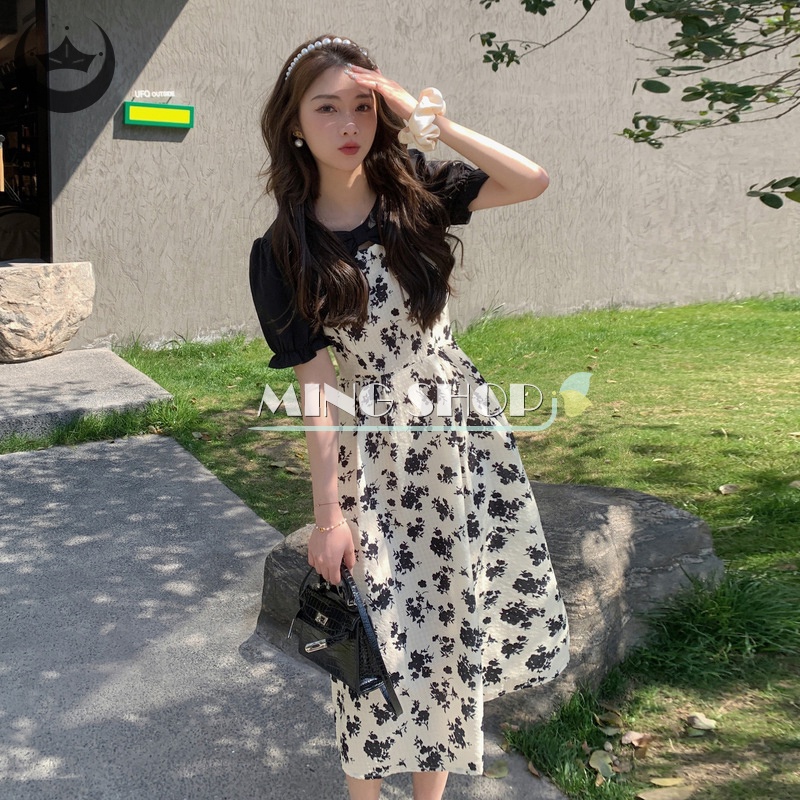 Đầm Midi Tay Phồng In Hoa Thời Trang Mùa Hè Hàn Quốc Thanh Lịch Cho Nữ