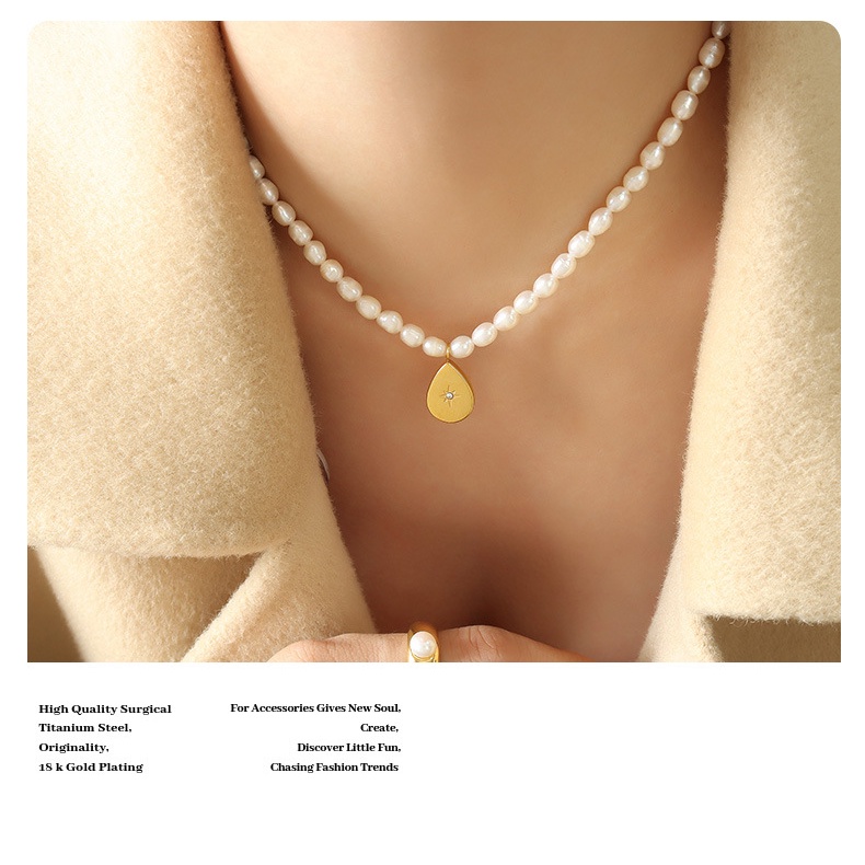 Vòng cổ Mặt Hình Giọt Nước Dát Đá Zircon Ngọc Trai Phong Cách Pháp Lãng Mạn