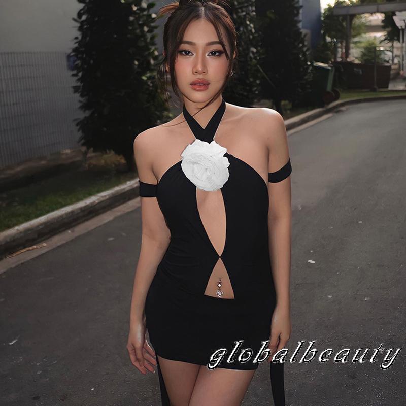 Đầm Mini Ôm Dáng Không Tay Cổ Chéo Họa Tiết Hoa Khoét Rỗng Có Dây Đeo Trang Trí Cho Nữ