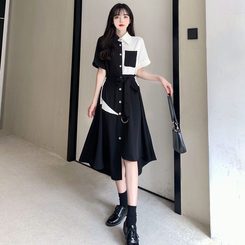 Đầm Sơ Mi Dáng Dài Thắt Eo Màu Sắc Tương Phản Thời Trang Dành Cho Nữ