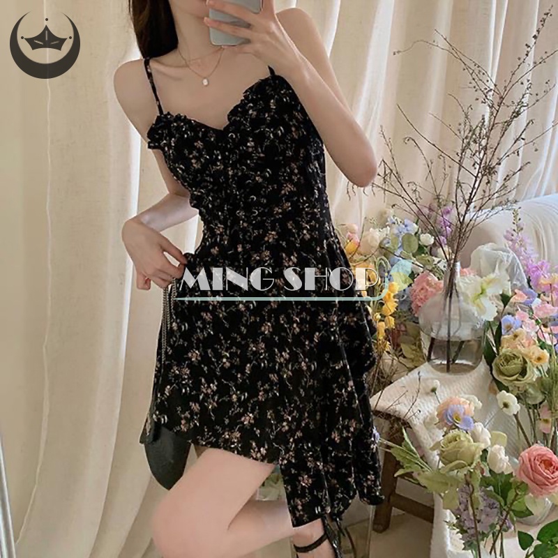 Đầm Hai Dây Y2k In Hoa Eo Cao Gợi Cảm Cho Nữ