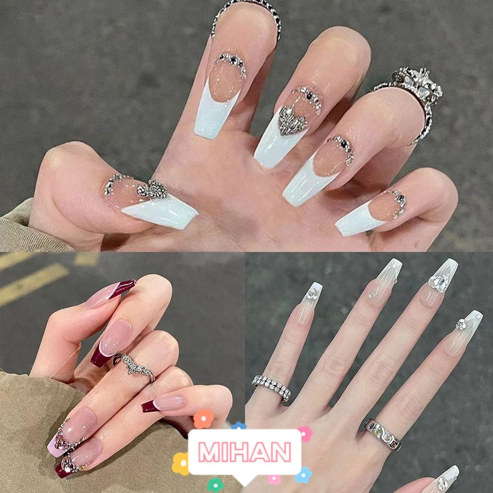 MIHAN1 Bộ 24 Móng Tay Giả Che Phủ Toàn Diện Đính Hạt Giả Kim Cương DIY