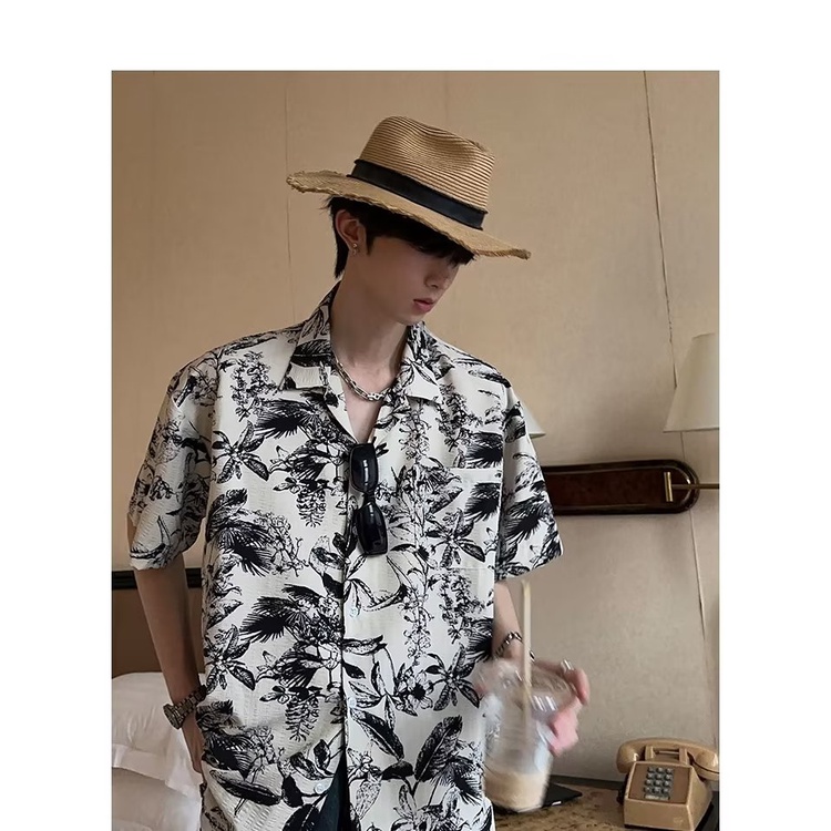 Áo Sơ Mi Tay Ngắn In Họa Tiết Hoa Phong Cách Hong Kong Thời Trang Đi Biển Cho Nam