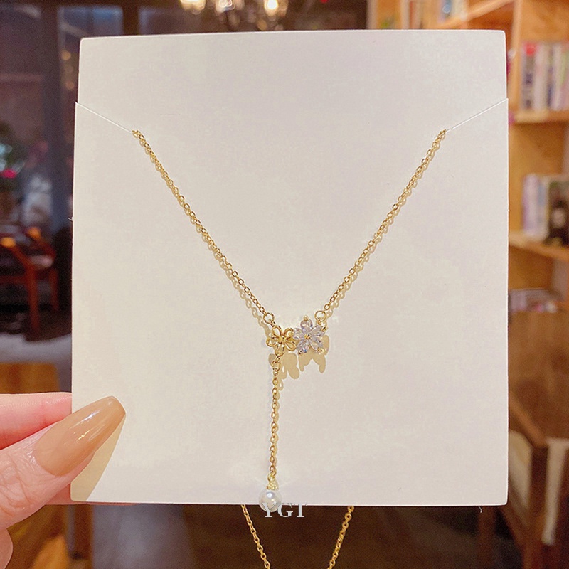 Ygt Vòng cổ Bằng Thép Titan Đính Ngọc Trai Và Đá Zircon Hình Hoa Tua Rua Đơn Giản Ngọt Ngào Thời Trang Cho Nữ