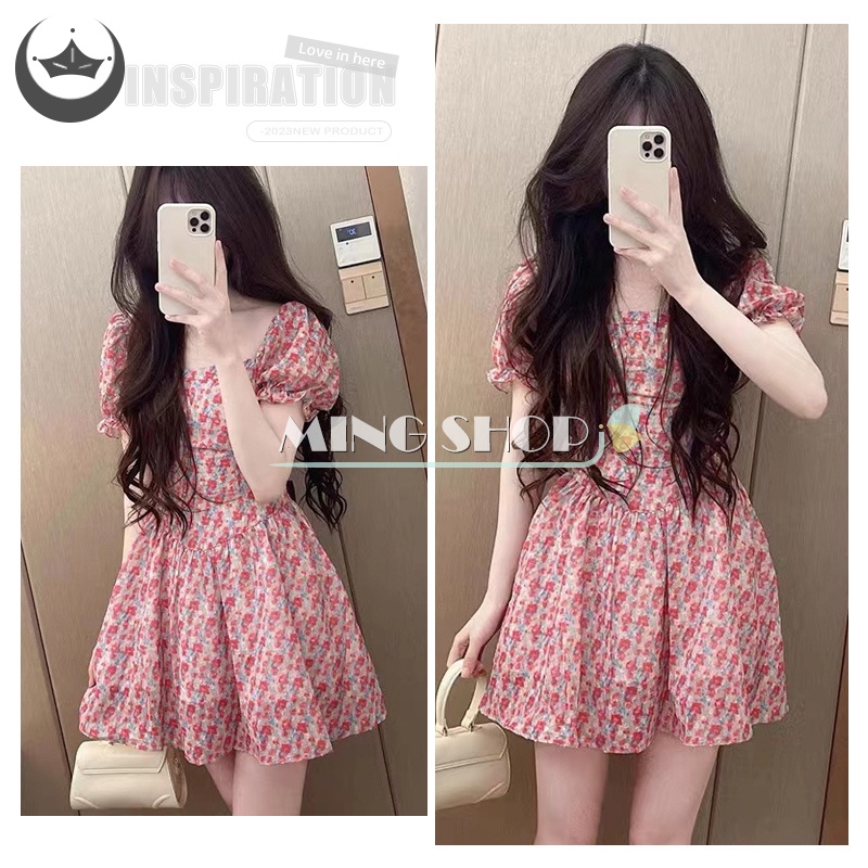 Đầm Chiffon Cổ Vuông Tay Phồng In Họa Tiết Hoa Thời Trang Mùa Hè Cho Nữ