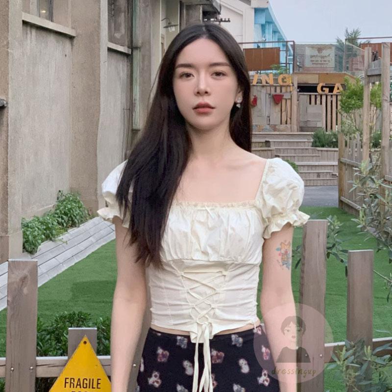 Áo Thun Ngắn Tay Cổ Vuông Thắt Dây Chéo Màu Sắc Đơn Giản Dành Cho Nữ