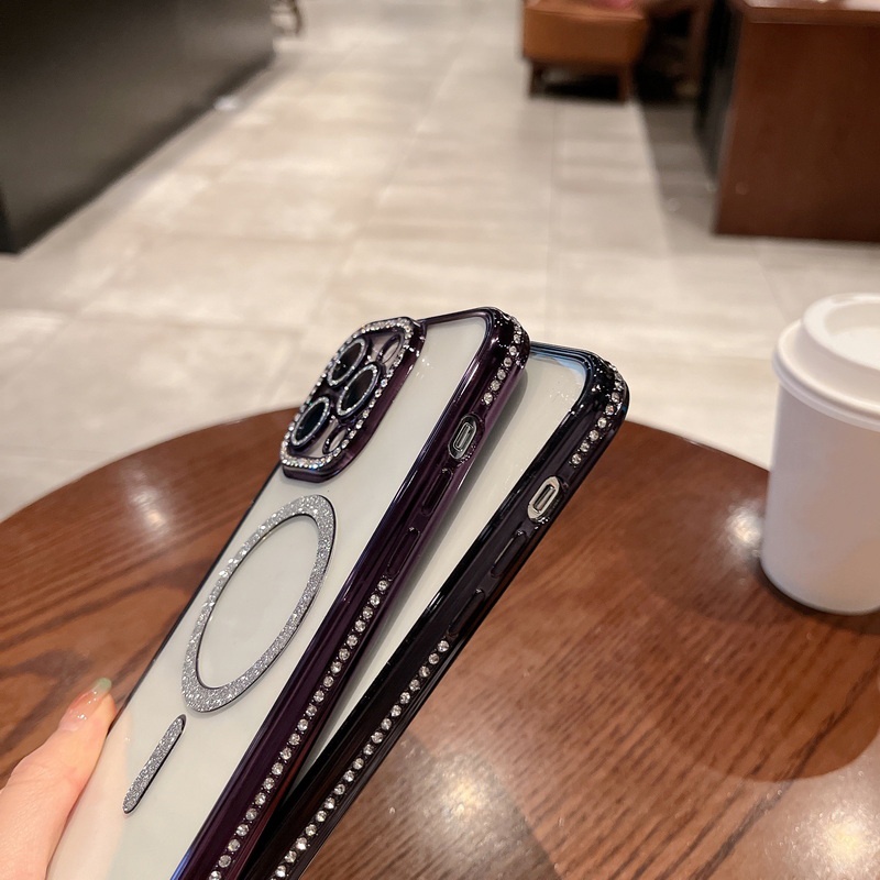 Ốp Điện Thoại Dẻo Trong Suốt Viền Kim Cương Giả Sang Trọng Kèm Sạc Không Dây Chống Sốc Cho iPhone 14 Plus 13 12 11 Pro Max