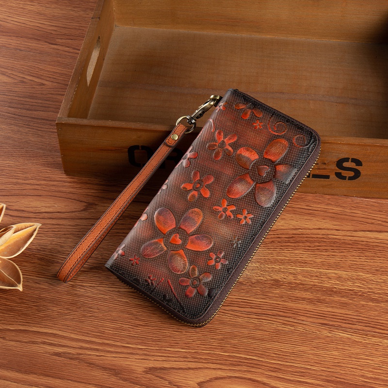 Ví Da Bò Cầm Tay Dáng Dài Có Khóa Kéo Phong Cách Retro Cho Nữ Mobile