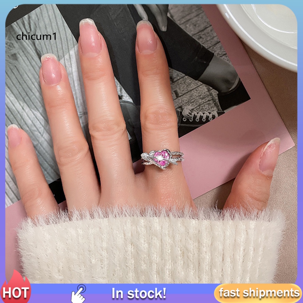 Nhẫn Đeo Tay CC Hai Lớp Bắt Mắt Thiết Kế Dạng Hở Màu Hồng Đính Pha Lê Nhân Tạo Hình Mũi Tên Xuyên Qua Trái Tim Thời Trang Có Thể Điều