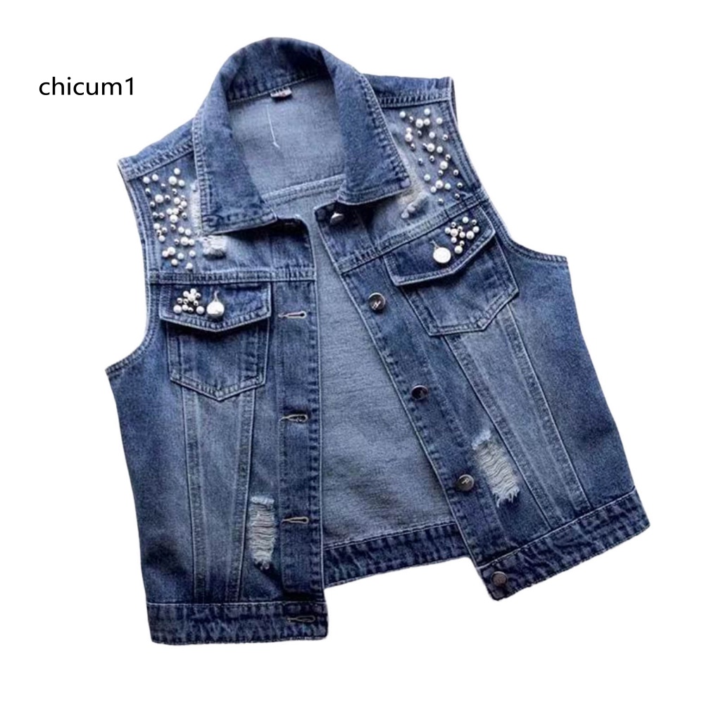 Áo Khoác Denim Không Tay Một Hàng Nút Màu Trơn Phối Lỗ Rách Đính Hạt Trang Trí Thời Trang Đường Phố Cho Nữ