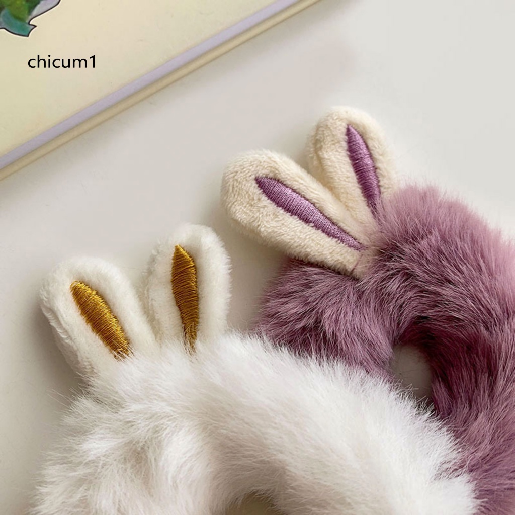 Dây Cột Tóc Co Giãn Bọc Vải Lông Mềm Mại Chống Trượt Hình Tai Thỏ Màu Kẹo Ngọt