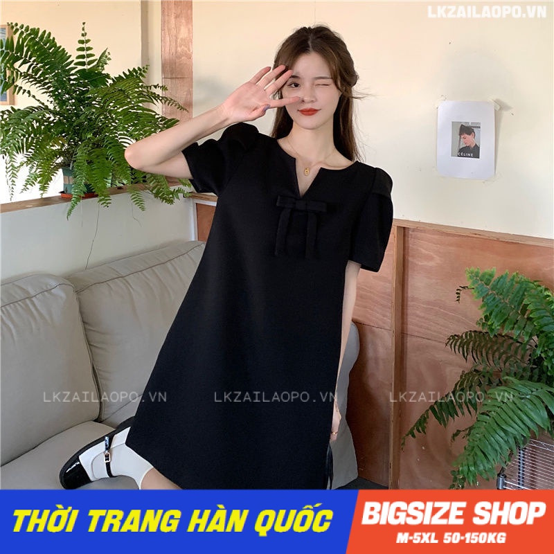 Váy đầm nữ Bigsize dáng suông tay ngắn cổ chữ v Phối Nơ đen mùa hè Phong cách Hàn Quốc Thời Trang đẹp