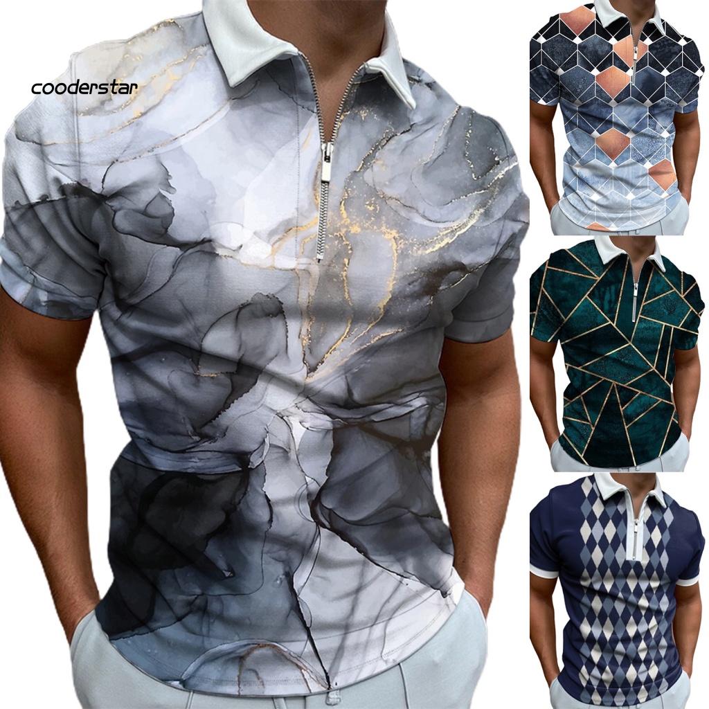 Áo Thun Tay Ngắn Cổ Bẻ Nhanh Khô Có Khóa Kéo In Họa Tiết Hình Học Thời Trang Cho Nam