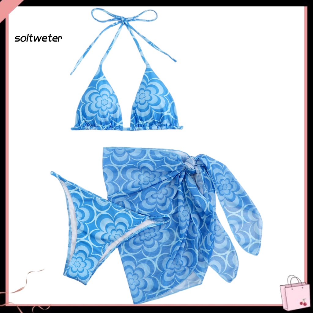 Bộ Đồ Bơi 3 Món Gồm Áo Cổ Yếm + Chân Váy Cột Dây Màu Sắc Trơn In Họa Tiết Gợn Sóng Quyến Rũ