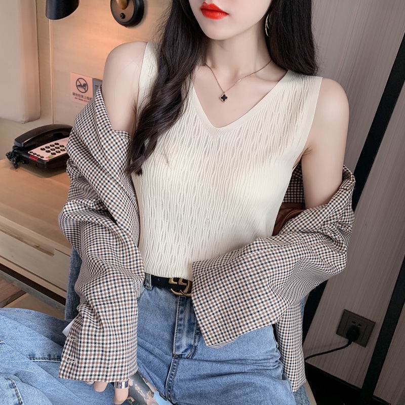 Áo Dệt Kim Sát Nách Cổ Chữ v Thoáng Khí Thời Trang Mùa Hè Cho Nữ