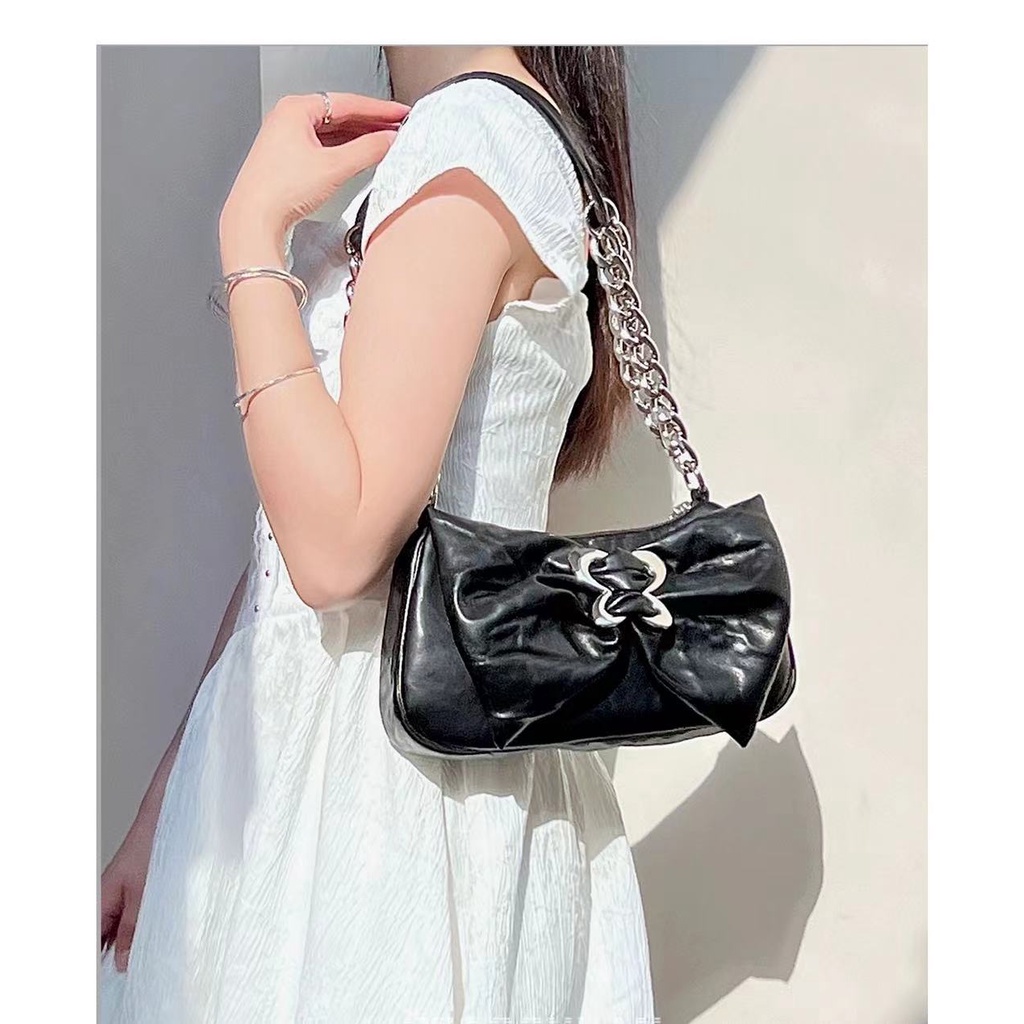 Túi Xách Đeo Vai Phối Dây Xích Y2k Đính Nơ Trẻ Trung Xinh Xắn