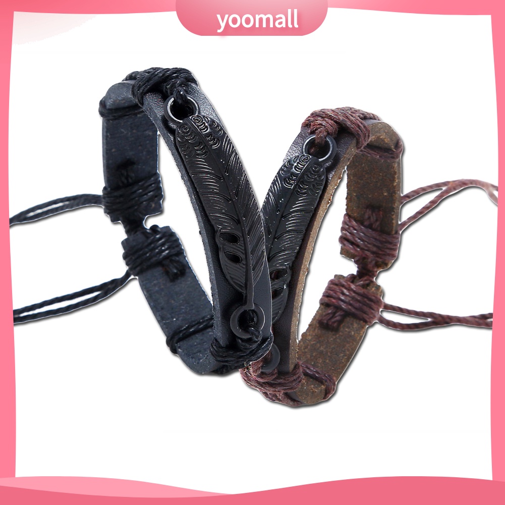 Vòng Tay Giả Da Dây Bện Phối Mặt Hình Lông Vũ Có Thể Điều Chỉnh Kích Cỡ Cho Nam