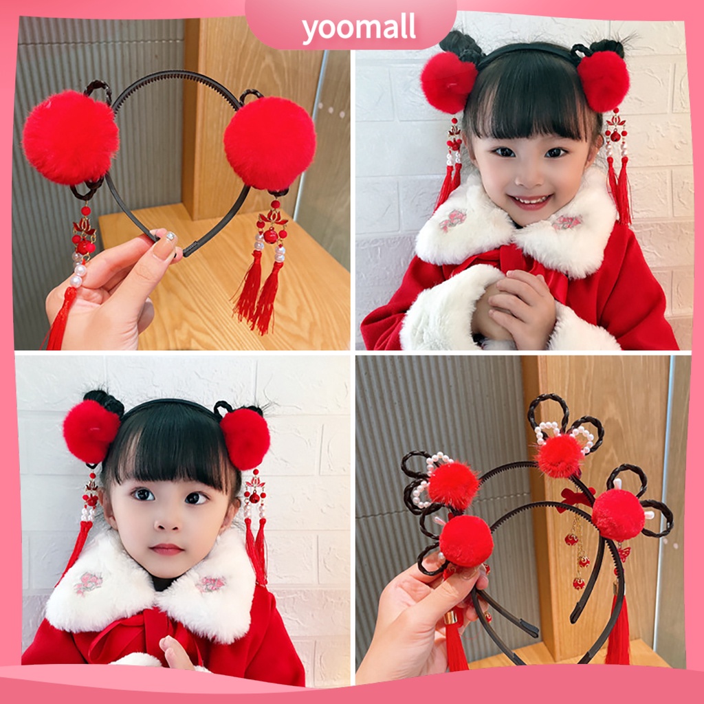 Băng Đô Nơ Đính Ngọc Trai Co Giãn Phối Bóng Lông Tua Rua Phong Cách Trung Hoa Mừng Năm Mới Cho Bé Gái