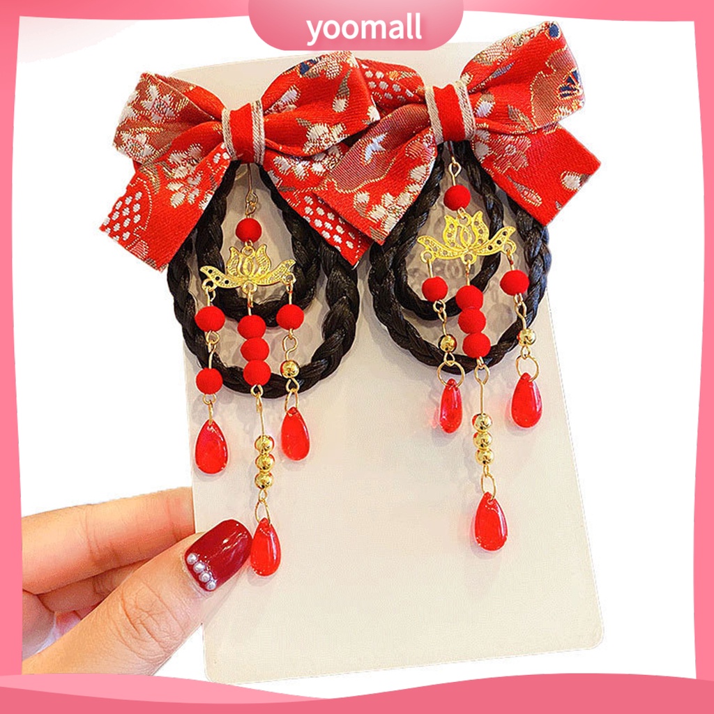 1 Cặp Kẹp Tóc Giả Đính Nơ Tua Rua Phong Cách Trung Hoa Ngọt Ngào Cho Bé Gái