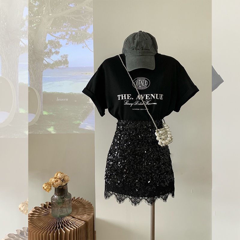 Bộ Áo Tay Ngắn Và Chân Váy Ôm In Họa Tiết Lấp Lánh Thời Trang Mùa Hè 2023 Dành Cho Nữ