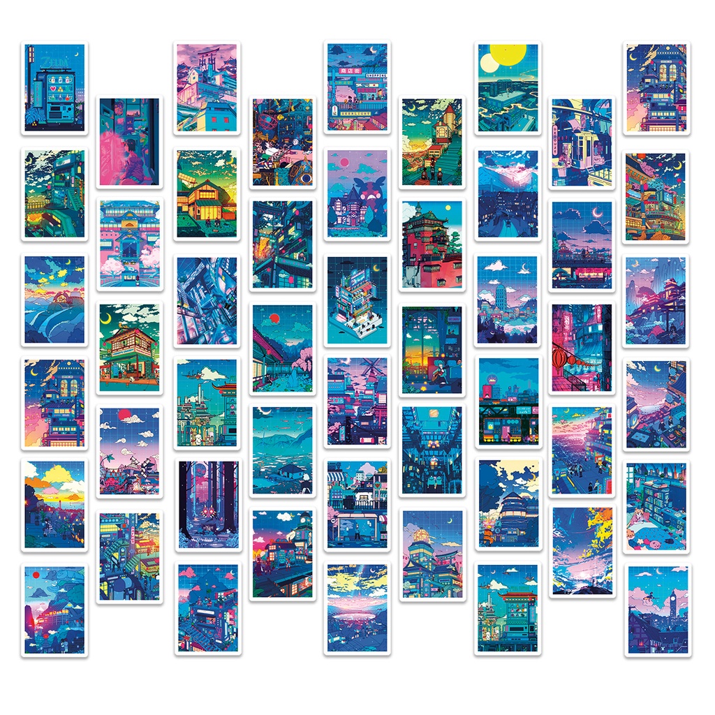 J· Hình Dán Chống Nước Chế Độ Xem Đường Phố Về Đêm Phim Hoạt Hình Mũ Bảo Hiểm Máy Tính Xách Tay Hành Lý Dán Thiết Lập, 50 tờ