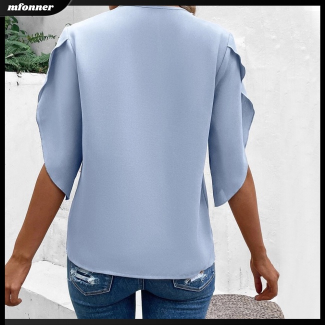 Áo Sơ Mi Nữ Tay Dài Ống Loe Cổ Chữ V Màu Sắc Thanh Lịch