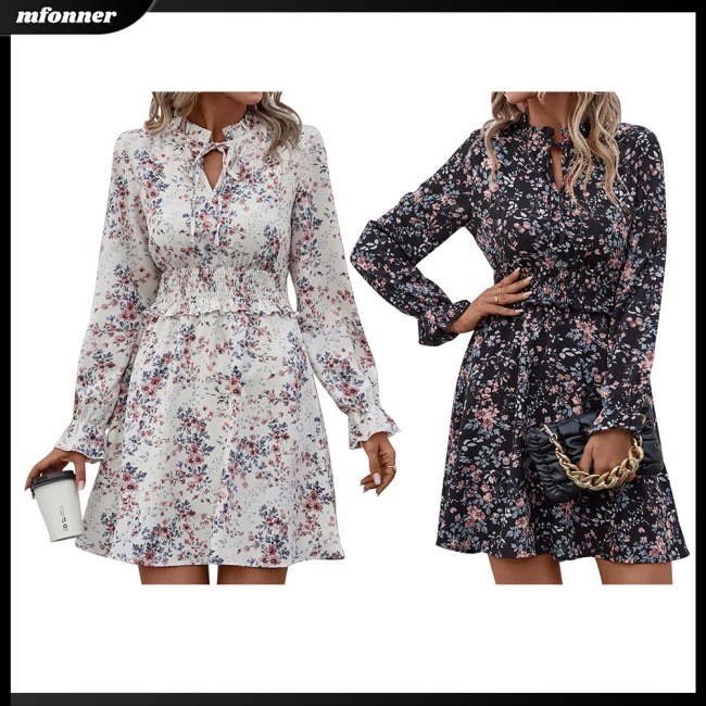 Đầm Ngắn Tay Dài Cổ Chữ V Nhún Bèo Họa Tiết Hoa Thời Trang Mùa Hè Cho Nữ