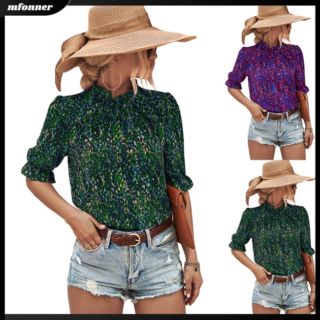 Áo Sơ Mi Tay Ngắn Cổ Bèo Họa Tiết Hoa Thanh Lịch Thời Trang Mùa Hè Cho Nữ