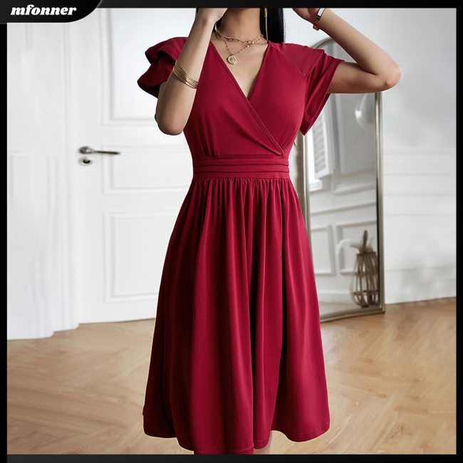 Đầm Midi Tay Ngắn Cổ Chữ V Màu Sắc Trơn Thanh Lịch Dành Cho Nữ