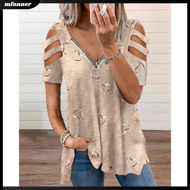 Áo Thun Tay Ngắn Dáng Rộng Cổ Chữ V Có Khóa Kéo In Họa Tiết Thanh Lịch Cho Bạn Gái