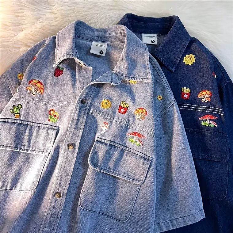 Áo Sơ Mi Tay Ngắn Thêu Họa Tiết Hoạt Hình Phong Cách Retro Mỹ Thời Trang Mùa Hè Cho Nam