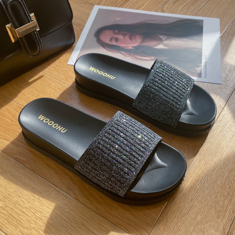 Dép Xỏ Ngón Đế Phẳng Màu Trơn Đính Kim Sa Lấp Lánh Thời Trang Mùa Hè Dành Cho Bạn Nữ Mang Trong Nhà / Đi Biển