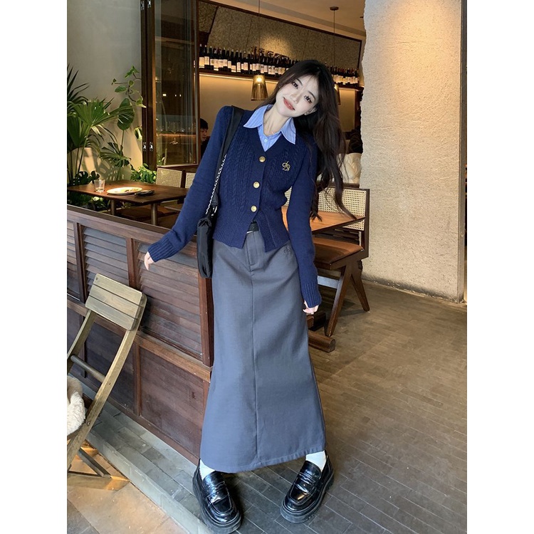 Bộ Áo Cardigan Dệt Kim Cổ Chữ V + Chân Váy Lưng Cao Phong Cách Retro Mỹ