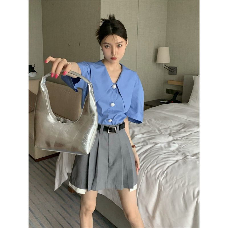 Bộ Áo Sơ Mi Tay Phồng + Chân Váy Xếp Ly Lưng Cao Phong Cách Pháp Thời Trang Mùa Hè Cho Nữ