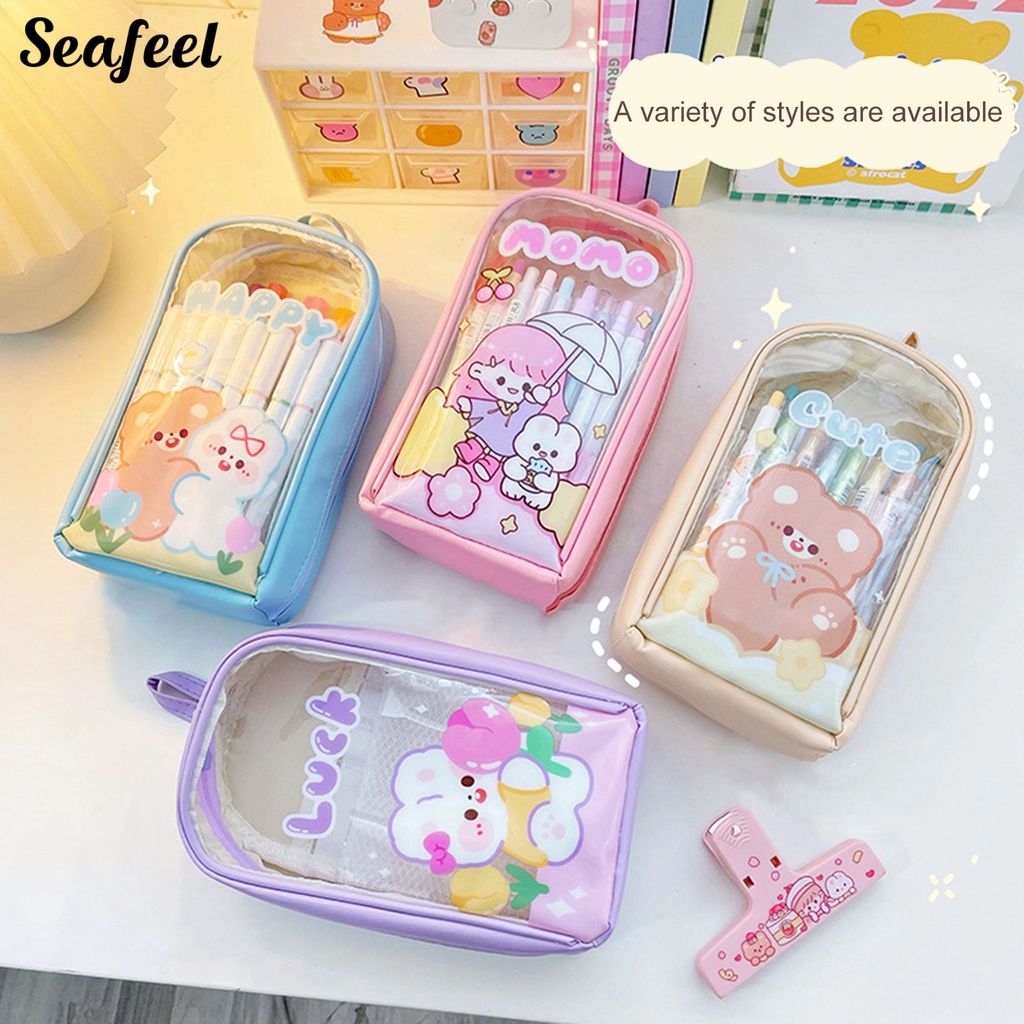 Túi Đựng Bút Chì Sức Chứa Lớn Trong Suốt In Họa Tiết Hoạt Hình Dễ Thương Có Khóa Kéo Cho Học Sinh