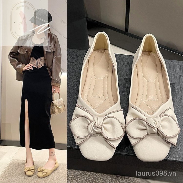 Giày Da PU Cao Su Mũi Vuông Đế Thấp 3cm Phong Cách Mới 2023 Cho Nữ