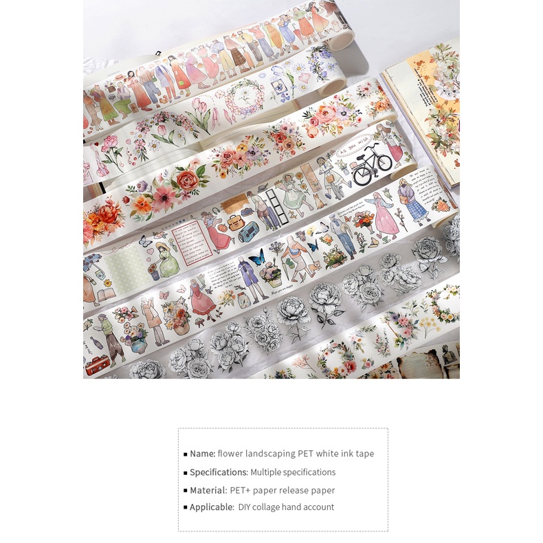 Cuộn Băng Keo Washi 200cm / 300cm Họa Tiết Hoa Lá Dễ Thương Dùng Trang Trí DIY