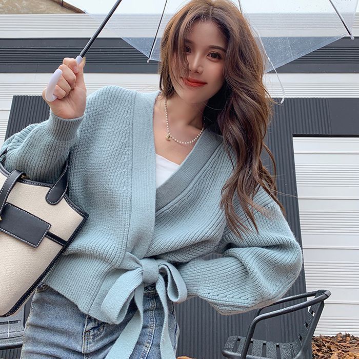 Áo Khoác Cardigan Dệt Kim Tay Dài Cổ Chữ V Phối Nơ Thiết Kế Mới Thời Trang Mùa Thu Dành Cho Nữ