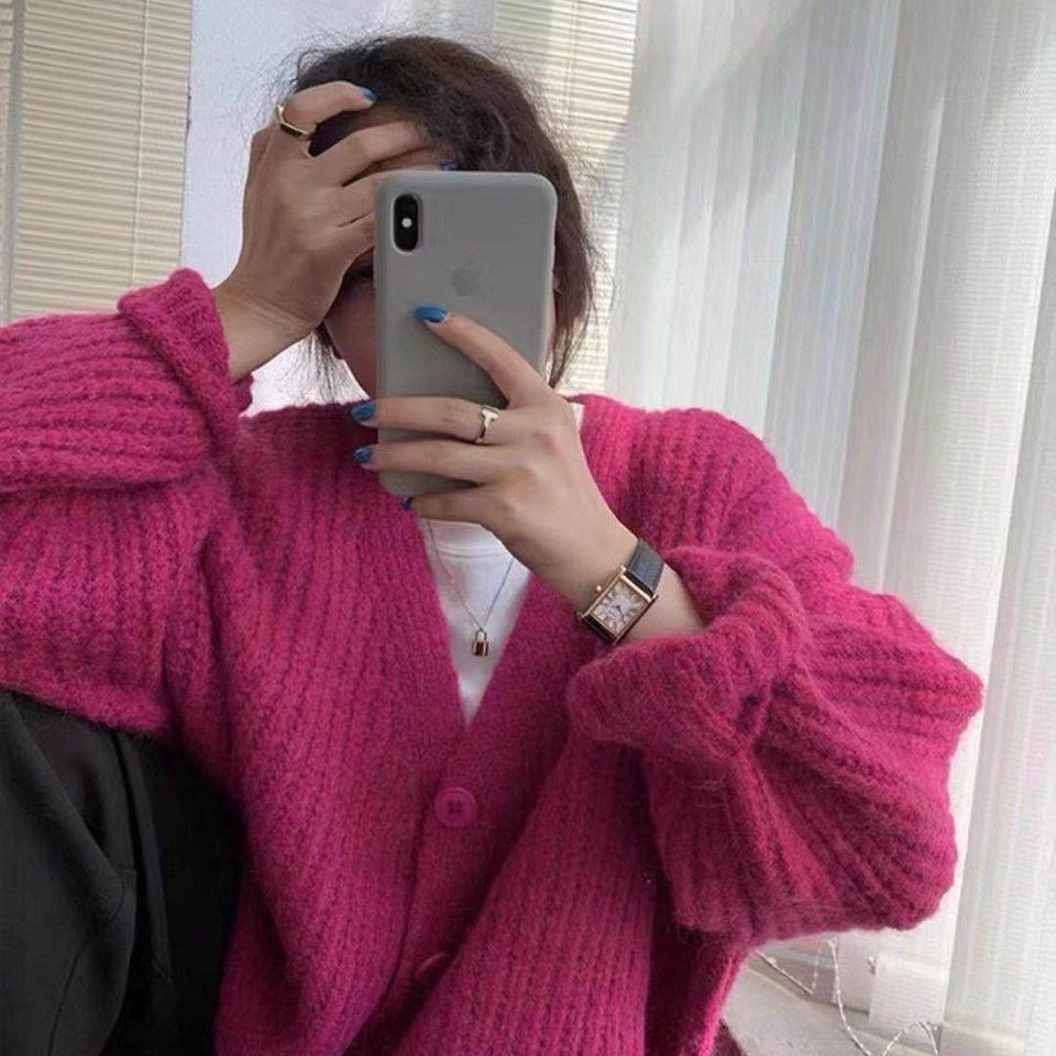 Áo Khoác Cardigan Dệt Kim Cổ Chữ V Dáng Rộng Màu Trơn Phong Cách Hàn Quốc Mới